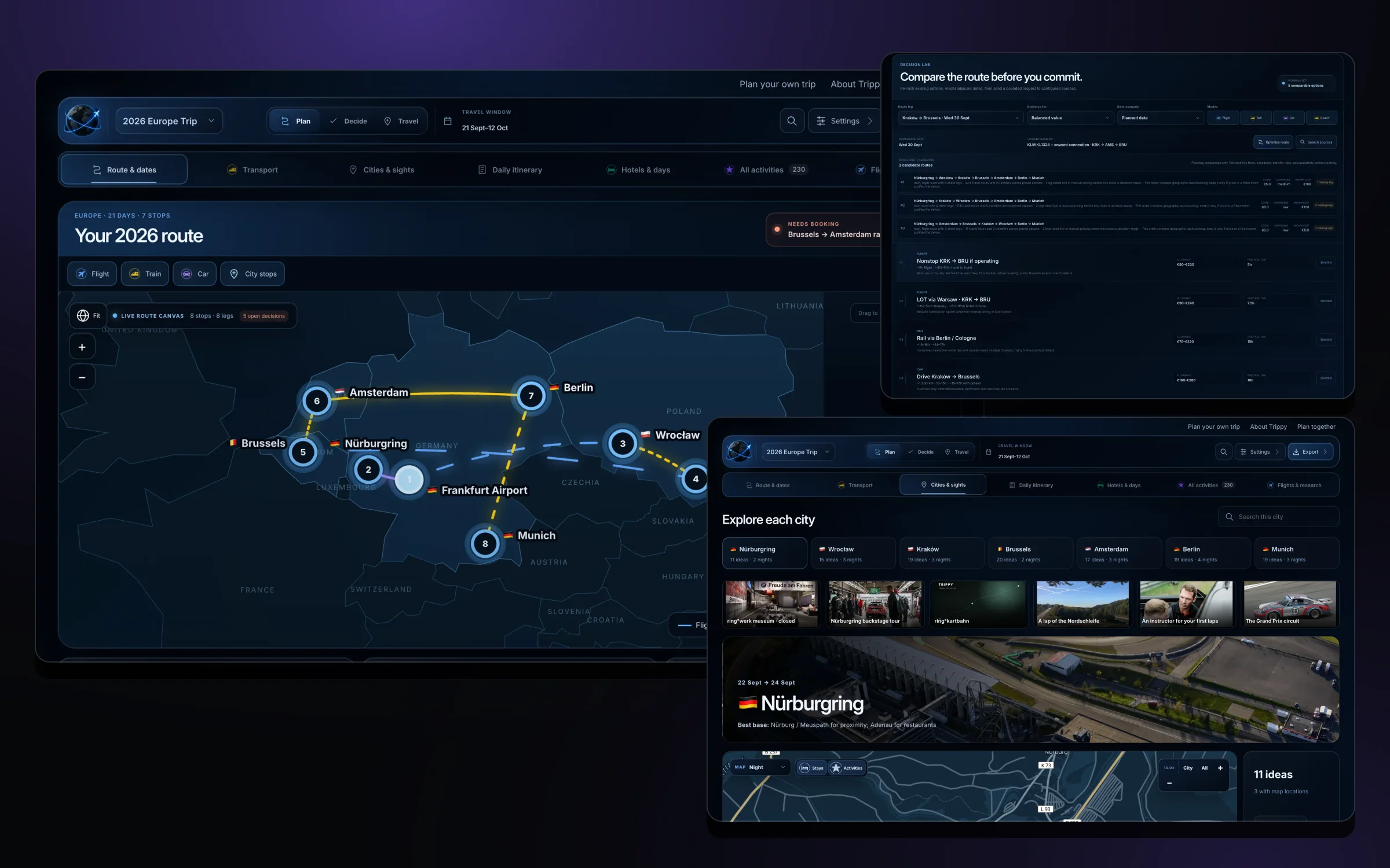 Trippy layered hero: the route map across European cities, the route optimizer and the Explore each city chooser.